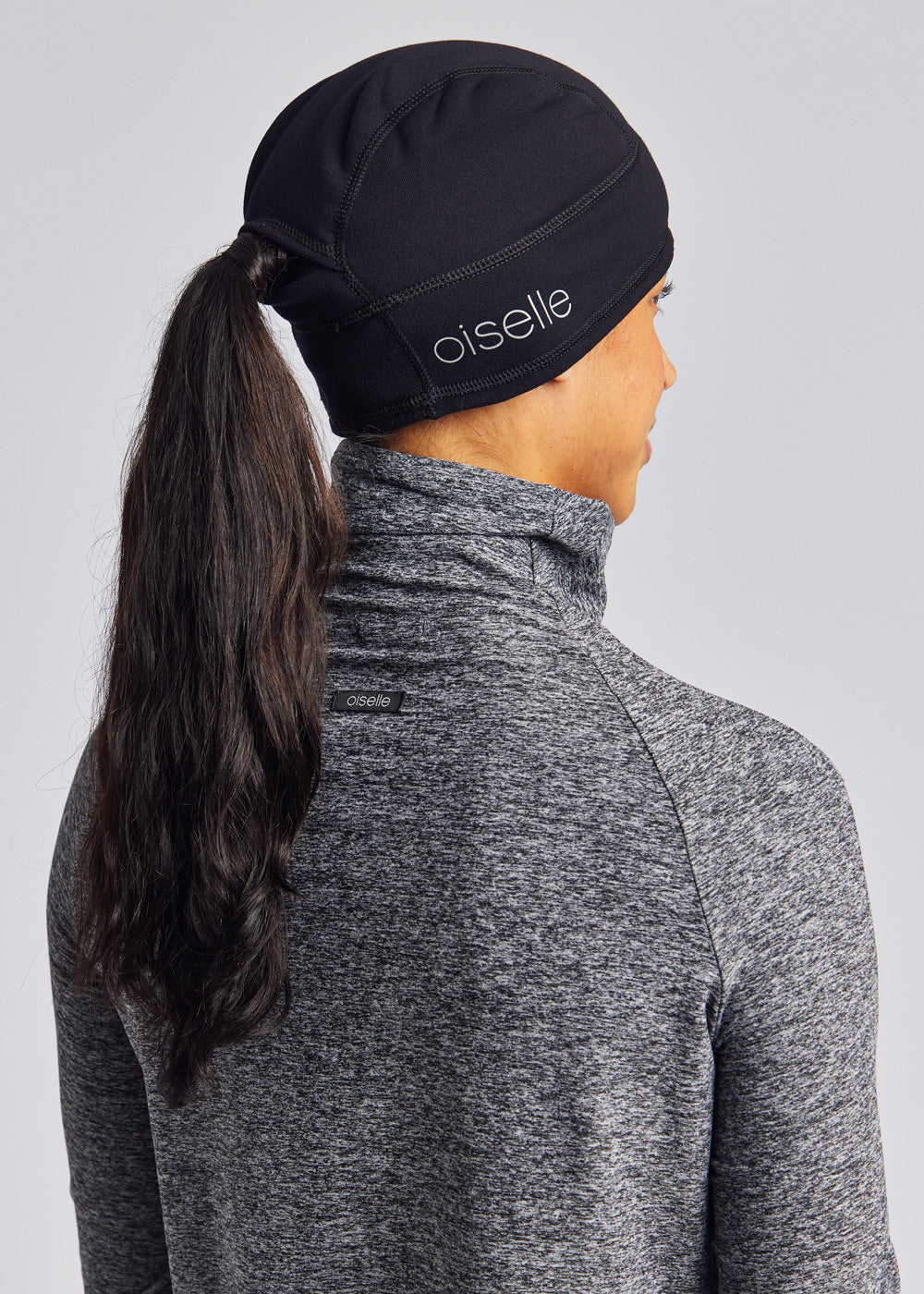 Women's Oiselle Power Move Beanie in Black, alternate view.