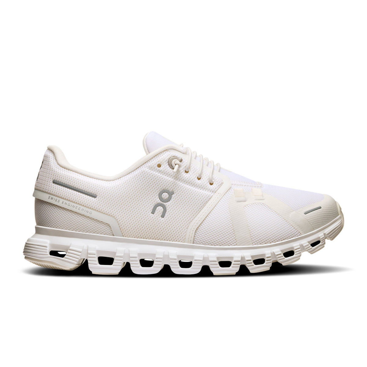 Women's On Cloud 6 in White/White, lateral view.