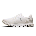 Women's On Cloud 6 in White/White, medial view.
