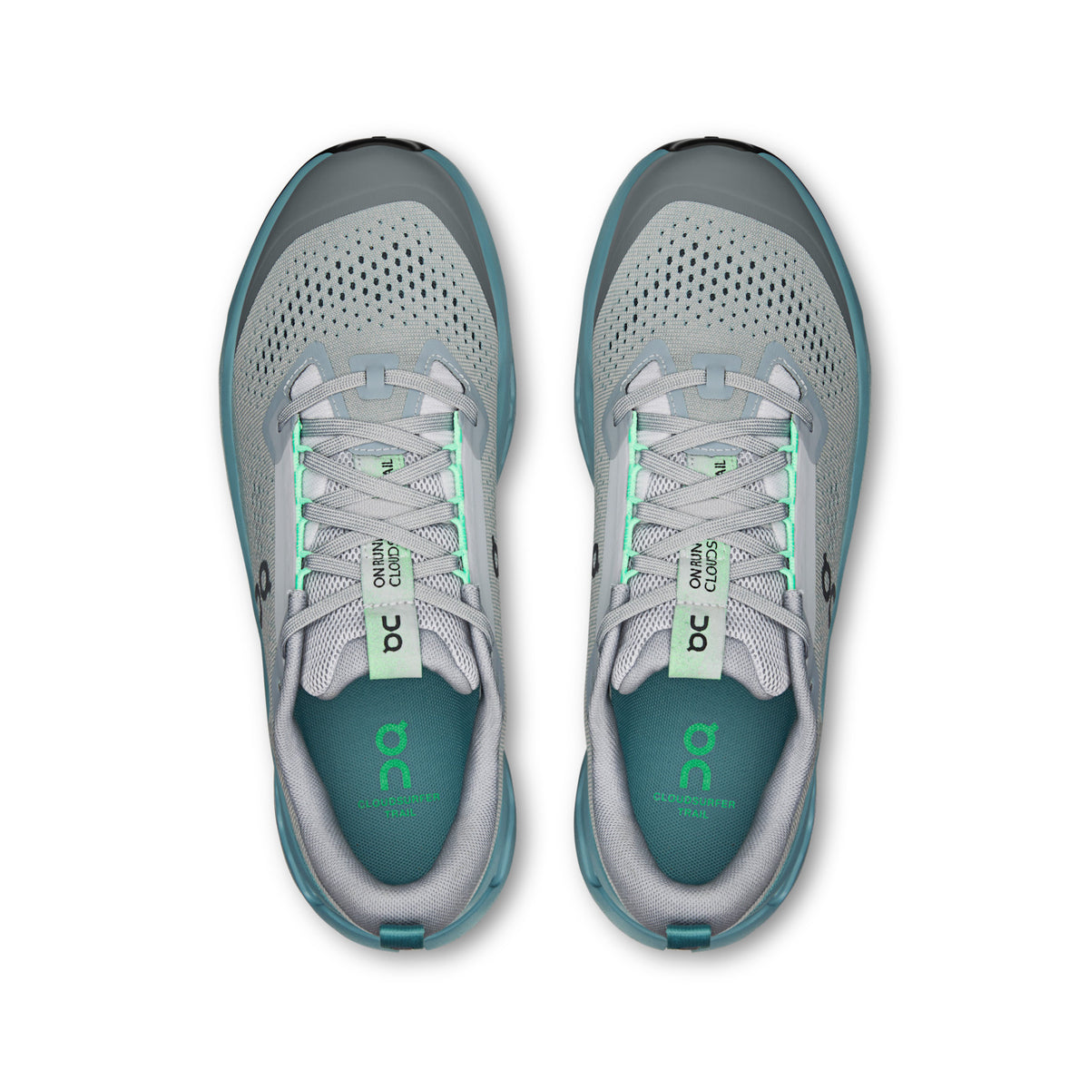 On Running Cloudsurfer Trail 2 men's trail running shoe in Platinum/Tide — top view of the pair
