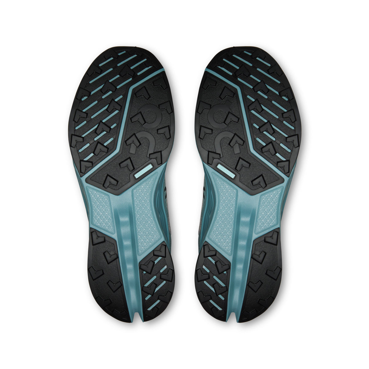 On Running Cloudsurfer Trail 2 men's trail running shoe in Platinum/Tide — outsole view of the pair