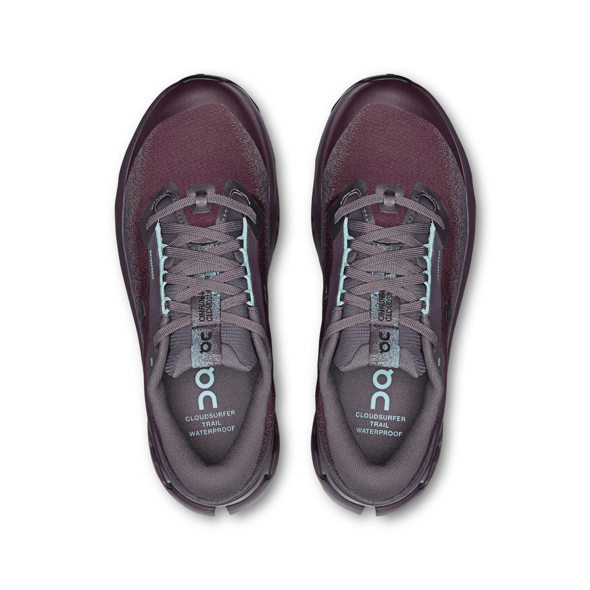 On Running Cloudsurfer Trail 2 Waterproof women's trail running shoe in Urchin/Pebble — top view of the pair