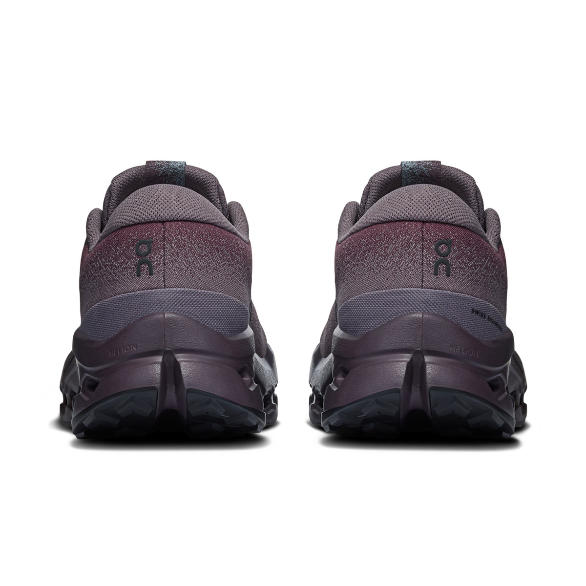 On Running Cloudsurfer Trail 2 Waterproof women's trail running shoe in Urchin/Pebble — rear view of the pair