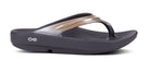 Oofos Oolala Lux Sandal. Dark Tan/Black. Lateral view.