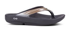 Oofos Oolala Lux Sandal. Dark Tan/Black. Lateral view.