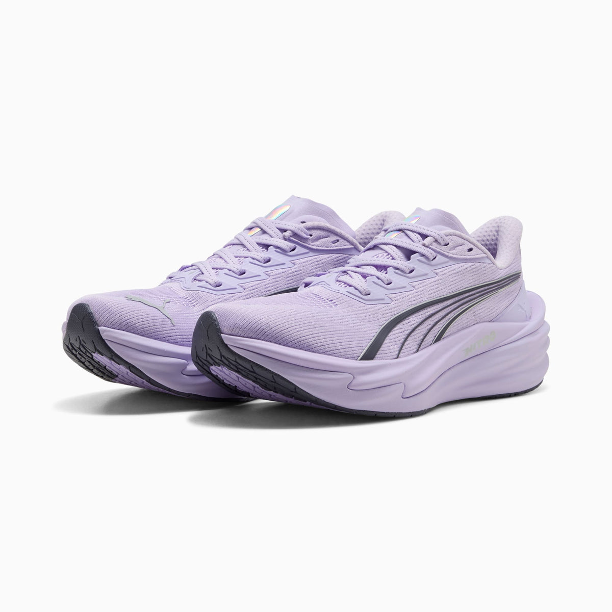 PUMA Deviate NITRO 4 women's running shoe in Light Lavender/Inky Depths — front three-quarter view of the pair