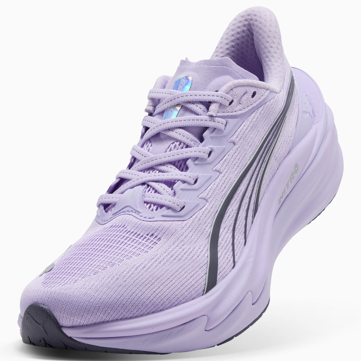 PUMA Deviate NITRO 4 women's running shoe in Light Lavender/Inky Depths — upper and lacing detail