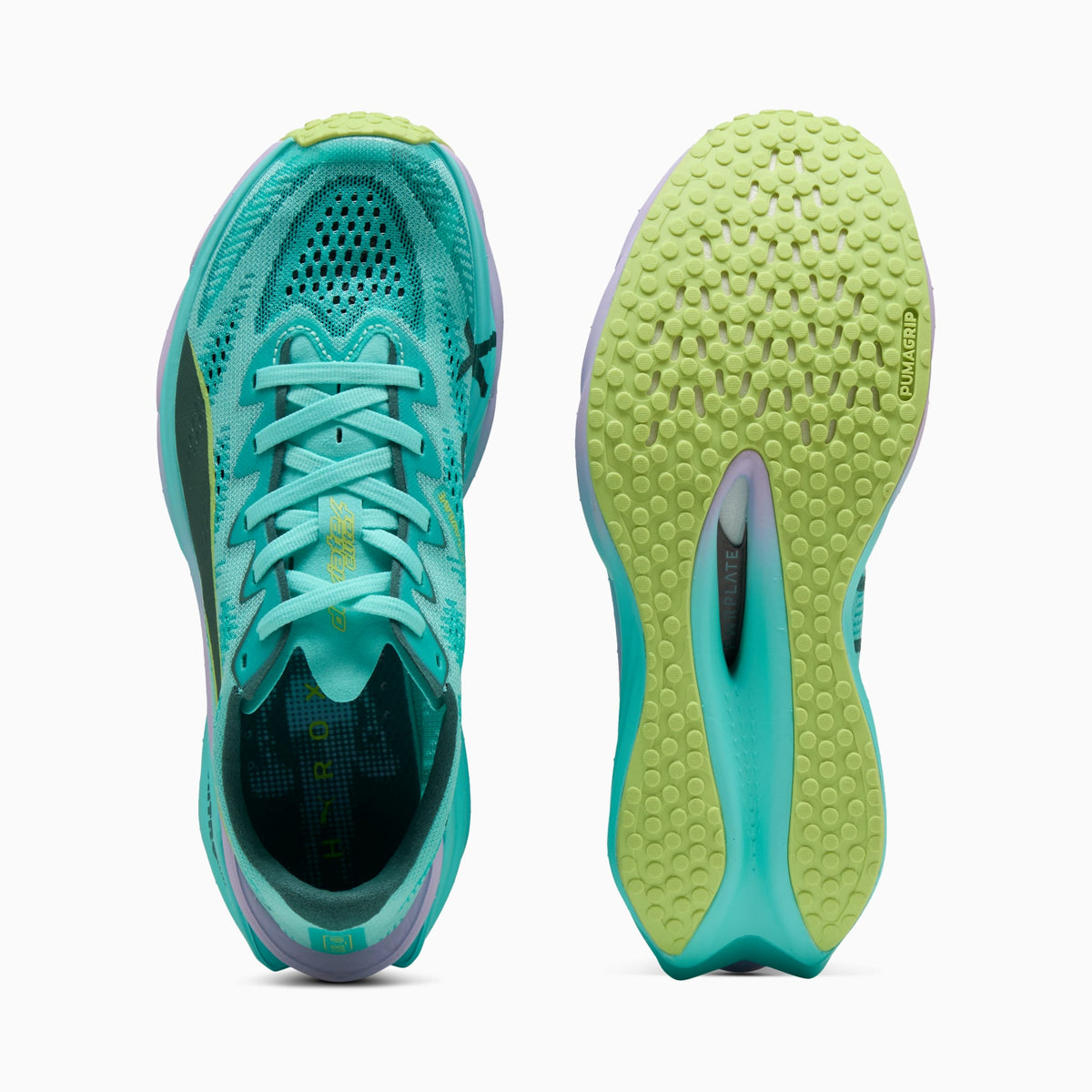 PUMA Deviate NITRO Elite 4 HYROX women's running shoe in Intense Mint/Light Lavender — top and outsole views