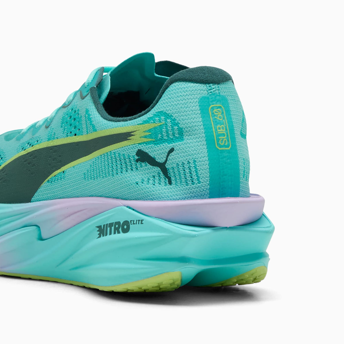 PUMA Deviate NITRO Elite 4 HYROX women's running shoe in Intense Mint/Light Lavender — heel and cushioning detail