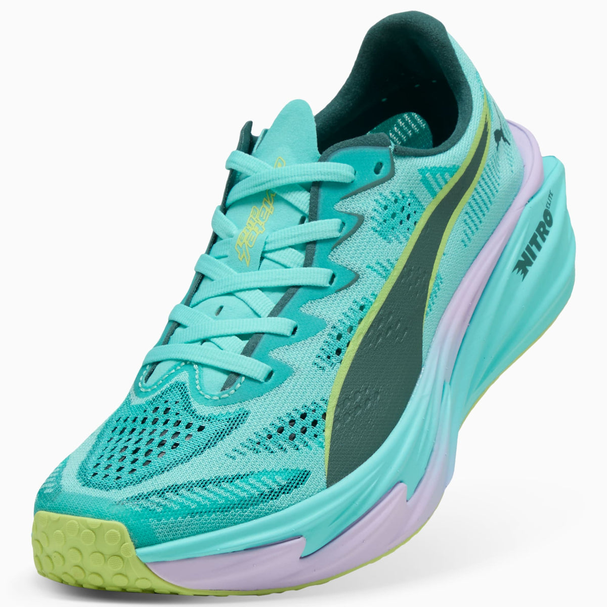 PUMA Deviate NITRO Elite 4 HYROX women's running shoe in Intense Mint/Light Lavender — upper and lacing detail