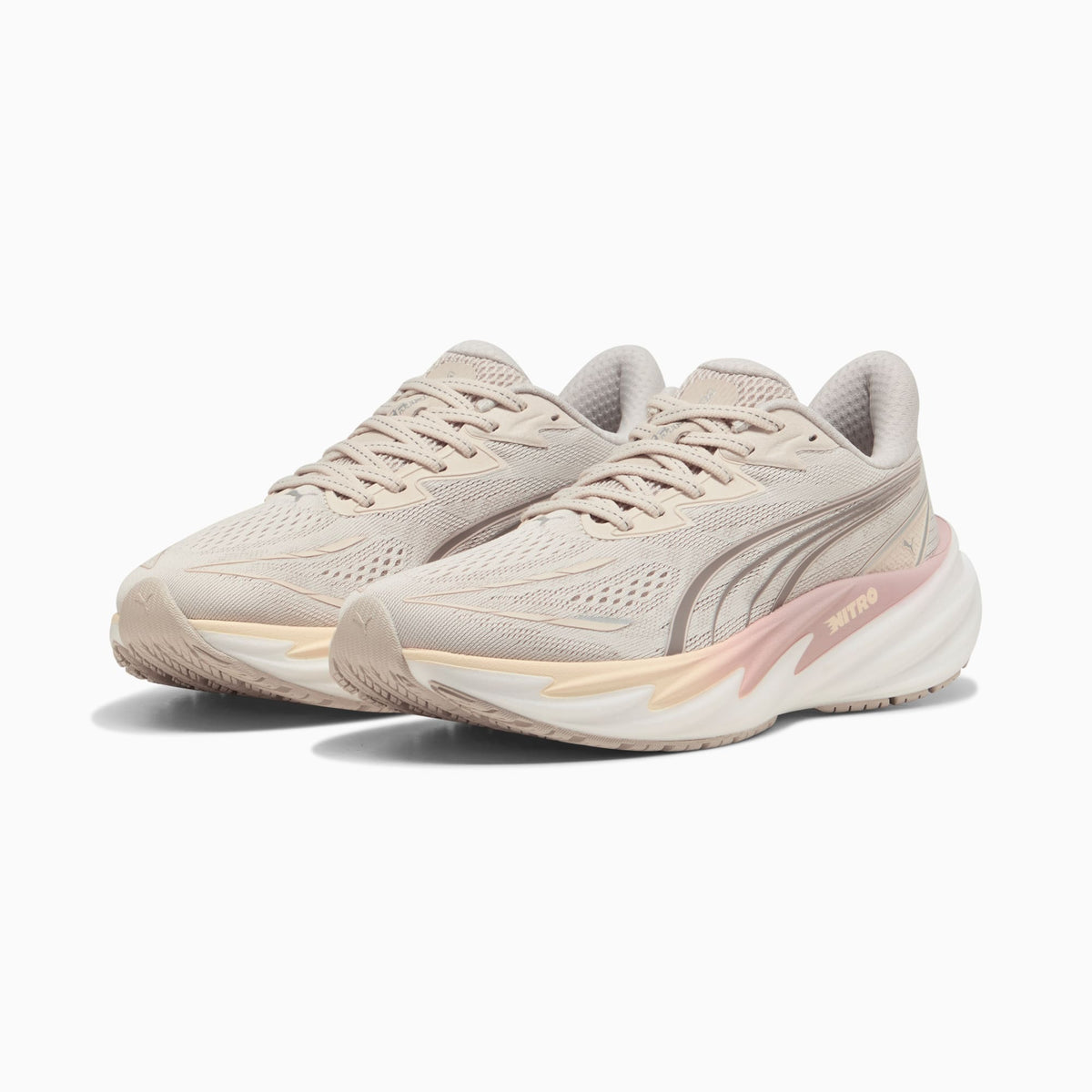 PUMA Velocity NITRO 5 women's running shoe in Alpine Snow/Misty Pink — front three-quarter view of the pair