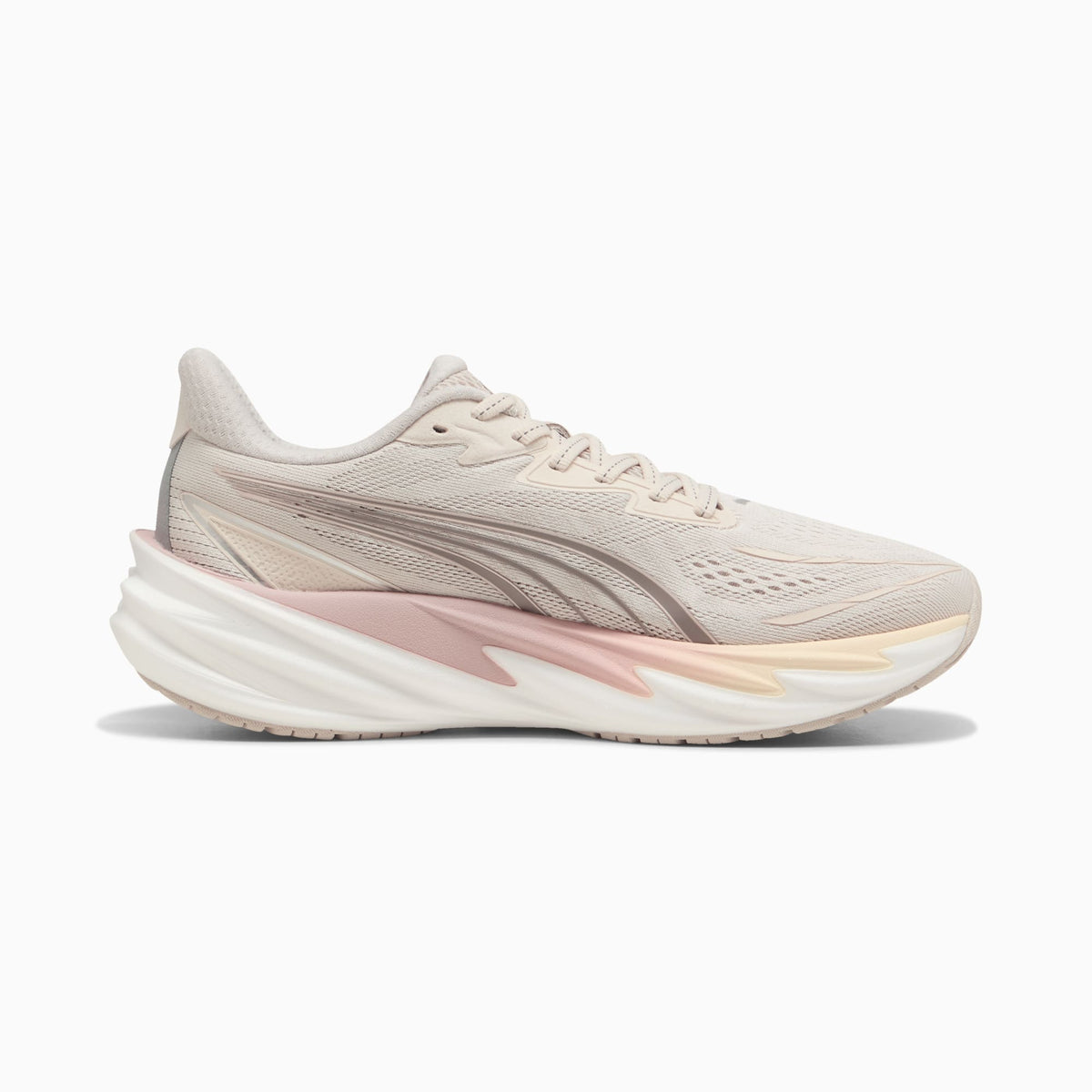 PUMA Velocity NITRO 5 women's running shoe in Alpine Snow/Misty Pink — opposite side profile