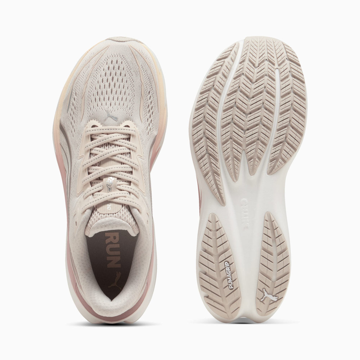PUMA Velocity NITRO 5 women's running shoe in Alpine Snow/Misty Pink — top and outsole views
