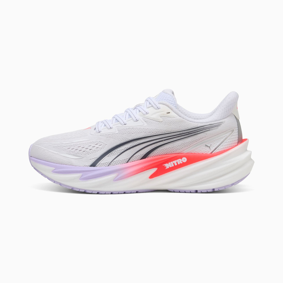 Women's PUMA Velocity NITRO 5 in PUMA White/Ultra Red/Light Lavender — side view
