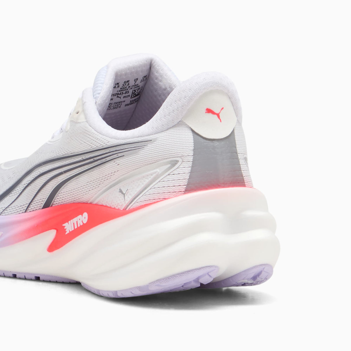 Women's PUMA Velocity NITRO 5 in PUMA White/Ultra Red/Light Lavender — outsole view