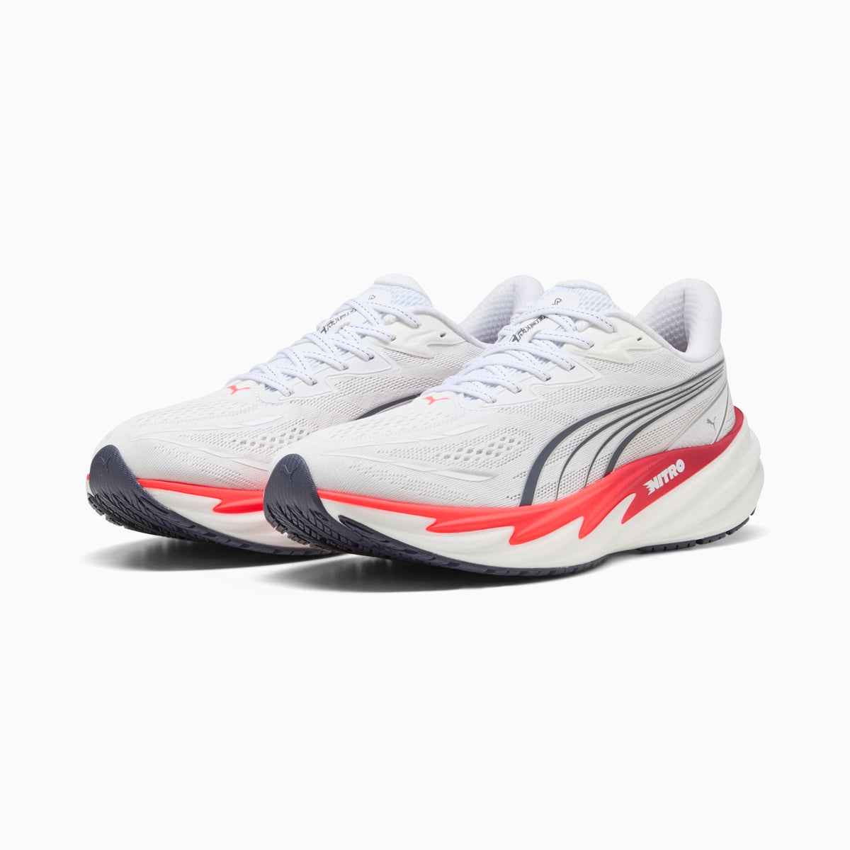 PUMA Velocity NITRO 5 men's running shoe in PUMA White/Ultra Red — front three-quarter view of the pair