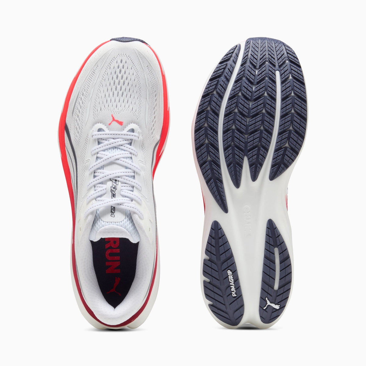 PUMA Velocity NITRO 5 men's running shoe in PUMA White/Ultra Red — top and outsole views
