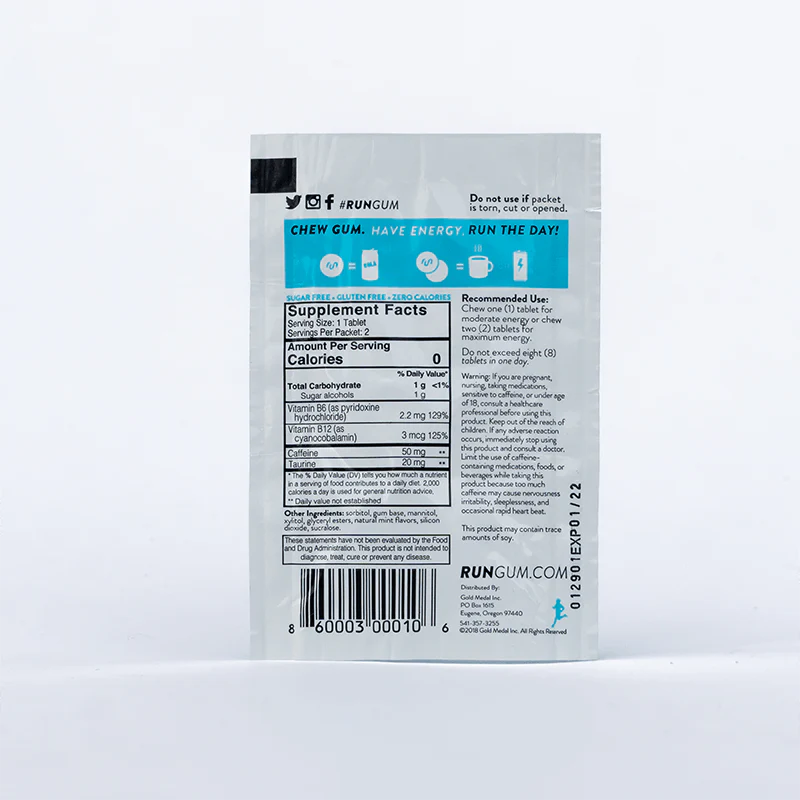 Run Gum single packs. Nutrition label.