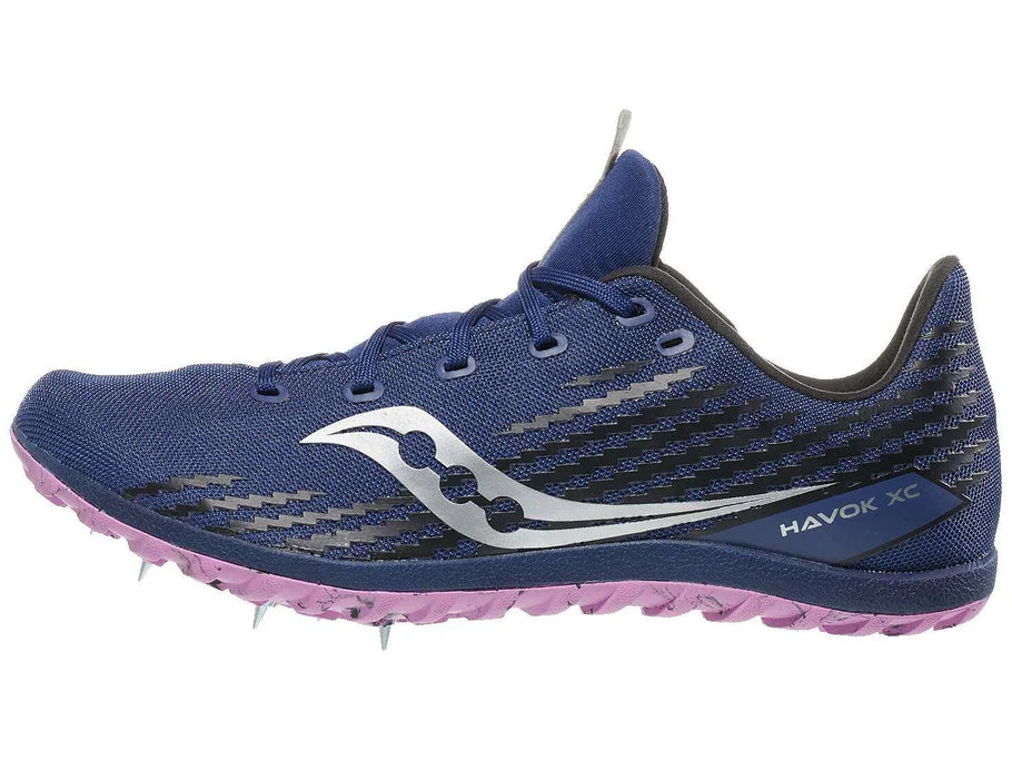 Women's Saucony Havok XC 3. Purple upper. Purple midsole. Lateral view.