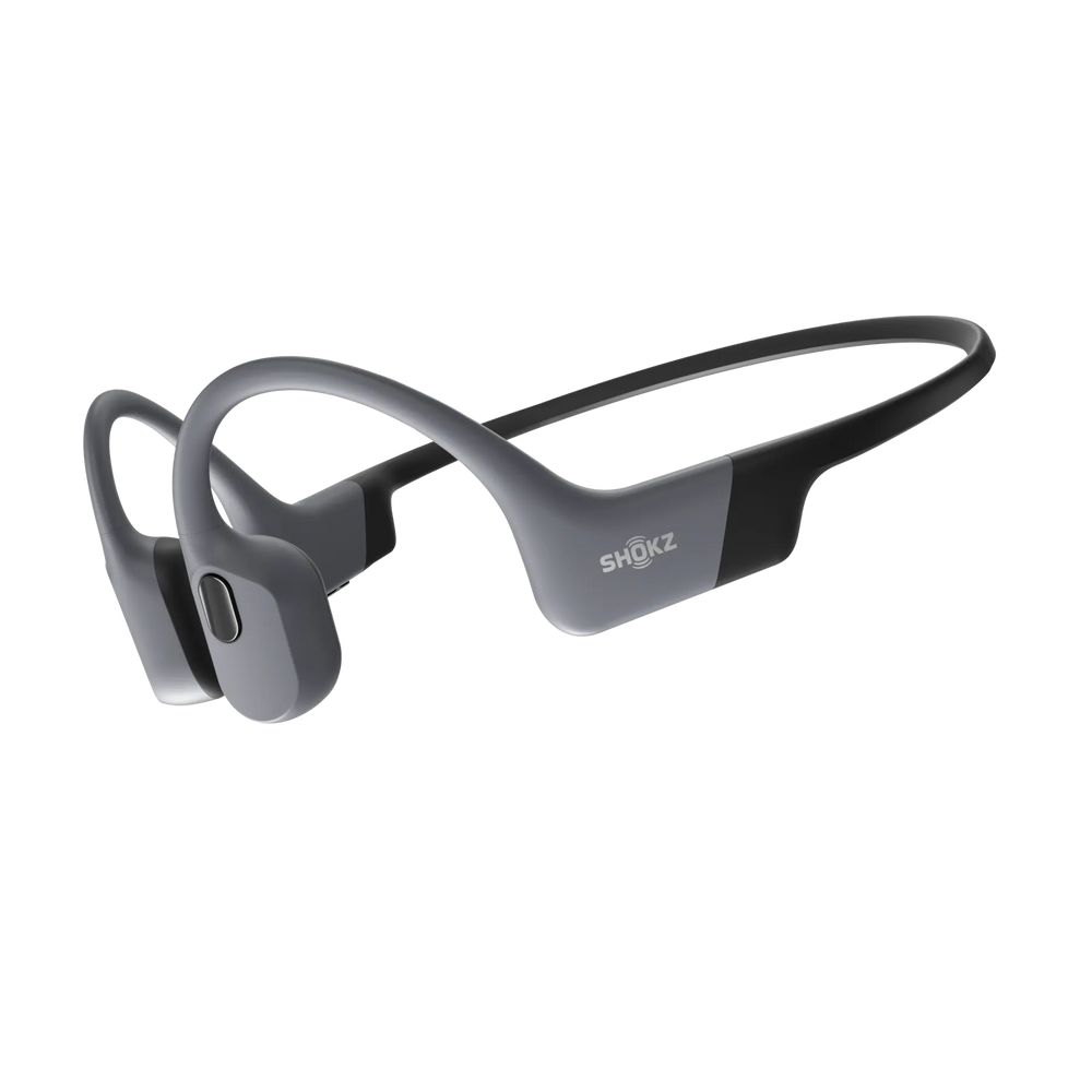 Shokz OpenSwim Pro waterproof bone conduction headphones in Grey, three-quarter product view