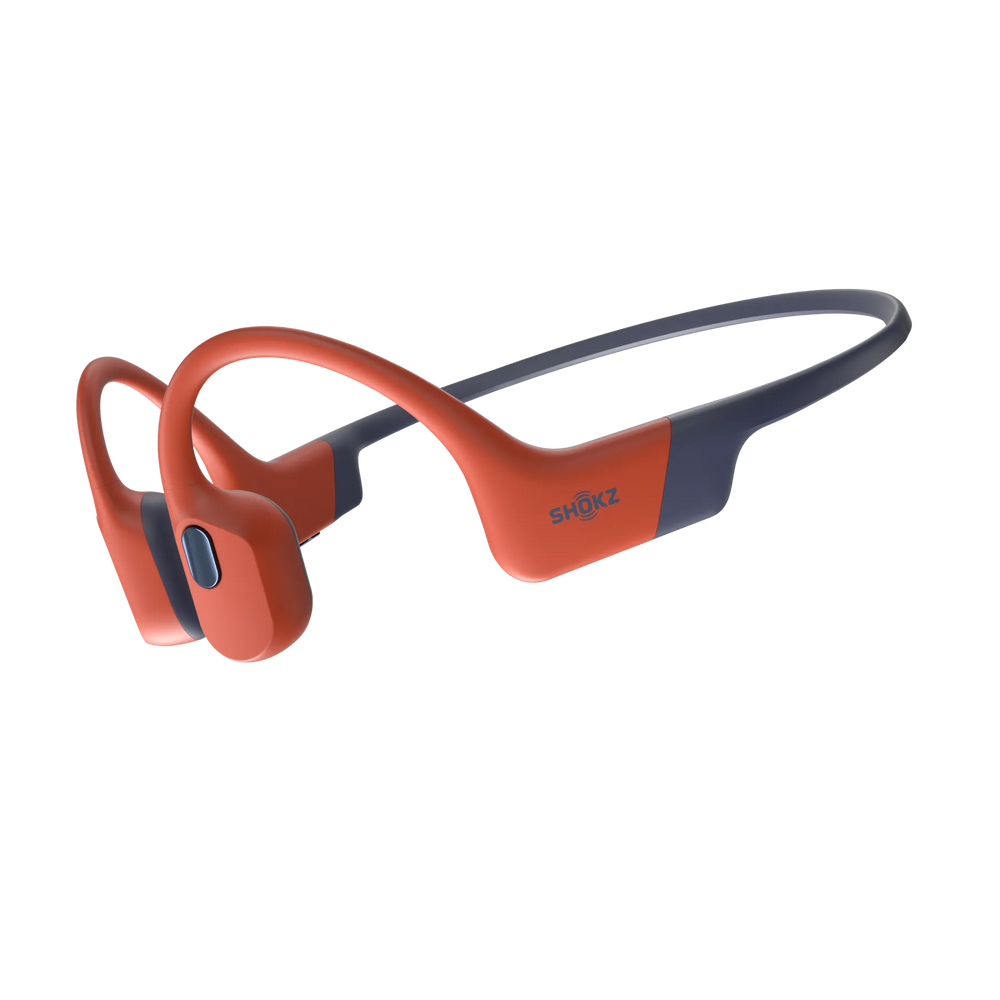 Shokz OpenSwim Pro waterproof bone conduction headphones in Red, three-quarter product view
