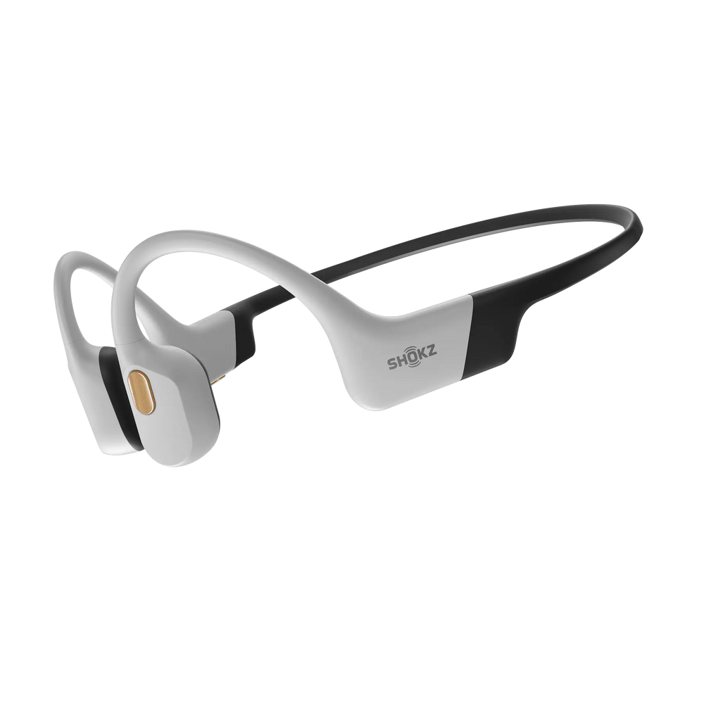 Shokz OpenSwim Pro waterproof bone conduction headphones in White, three-quarter product view