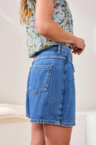 Tribal Audrey Hugging Denim Skort in Dark Pacific for women, denim and pocket detail