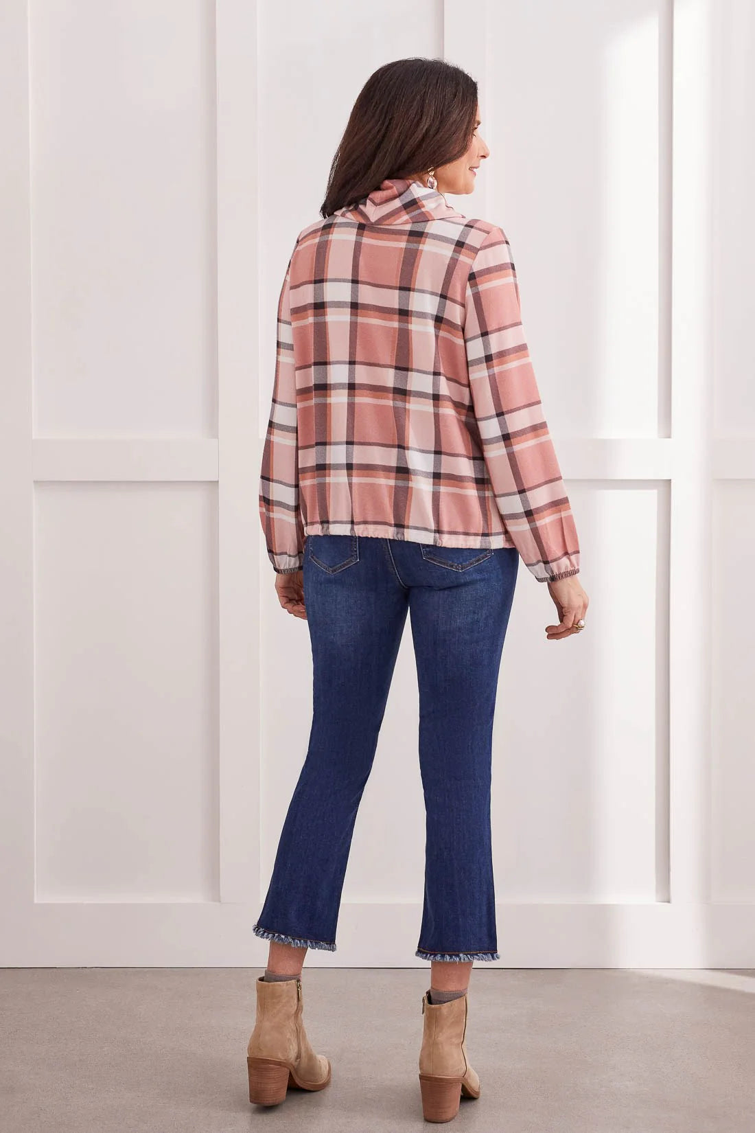 Tribal women's Audrey Pull-On Straight Crop Jeans in Blue Moon, back outfit view with plaid top.
