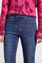 Tribal women's Audrey Pull-On Straight Crop Jeans in Blue Moon, close-up of the pull-on waistband and denim texture.