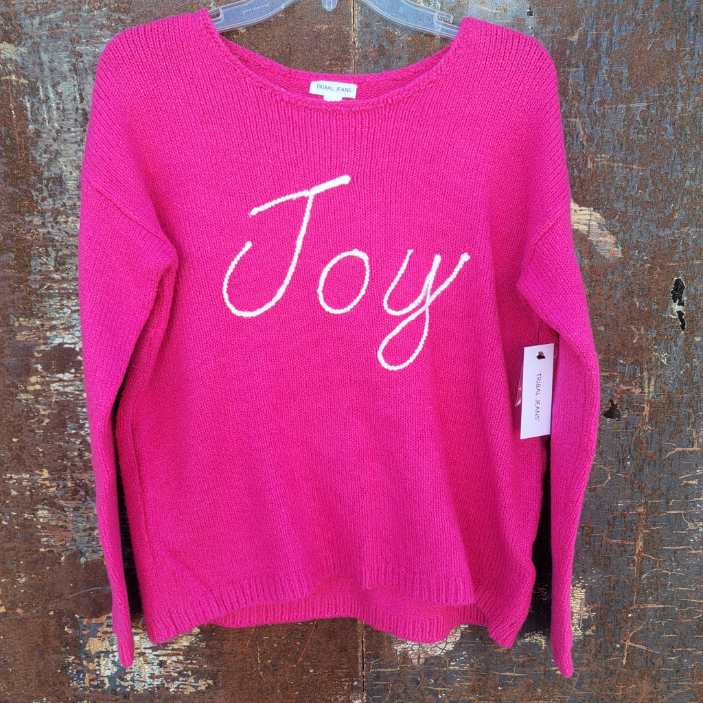 Tribal women's Joy Intarsia Sweater in Hot Pink on a hanger, showing the white thread lettering and knit texture.