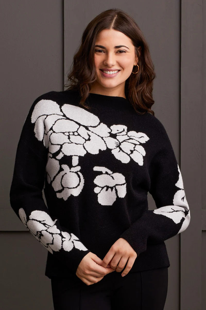 Tribal knit jacquard funnel neck sweater in Ebony, women's front view