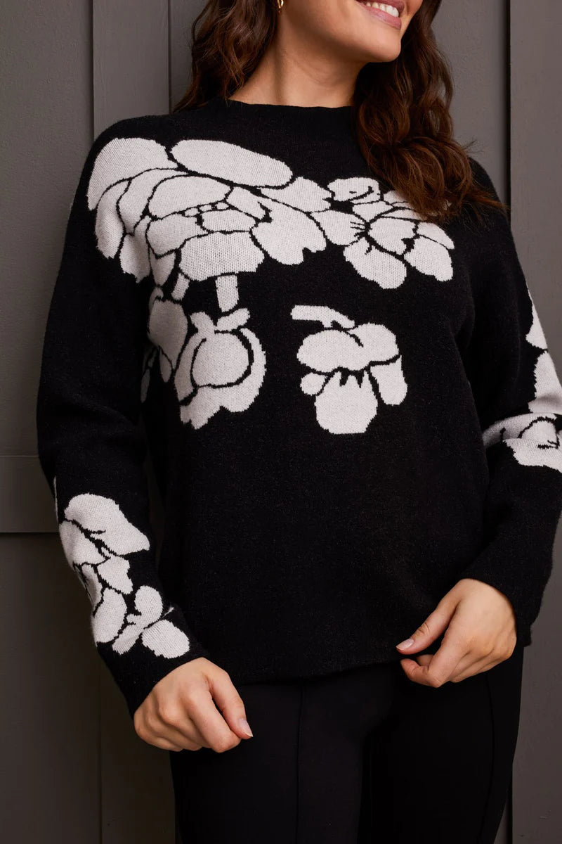 Tribal knit jacquard funnel neck sweater in Ebony, women's back view
