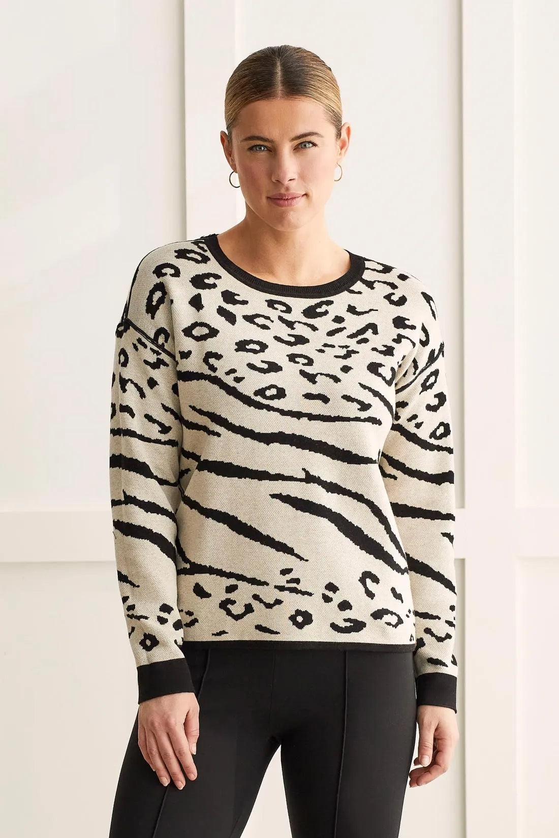 Tribal Reversible Cotton Crew Neck Sweater in Black for women, knit detail