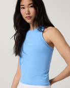 Vuori Surge Seamless Tank women's tank top in Oasis Blue — neckline and upper-body detail