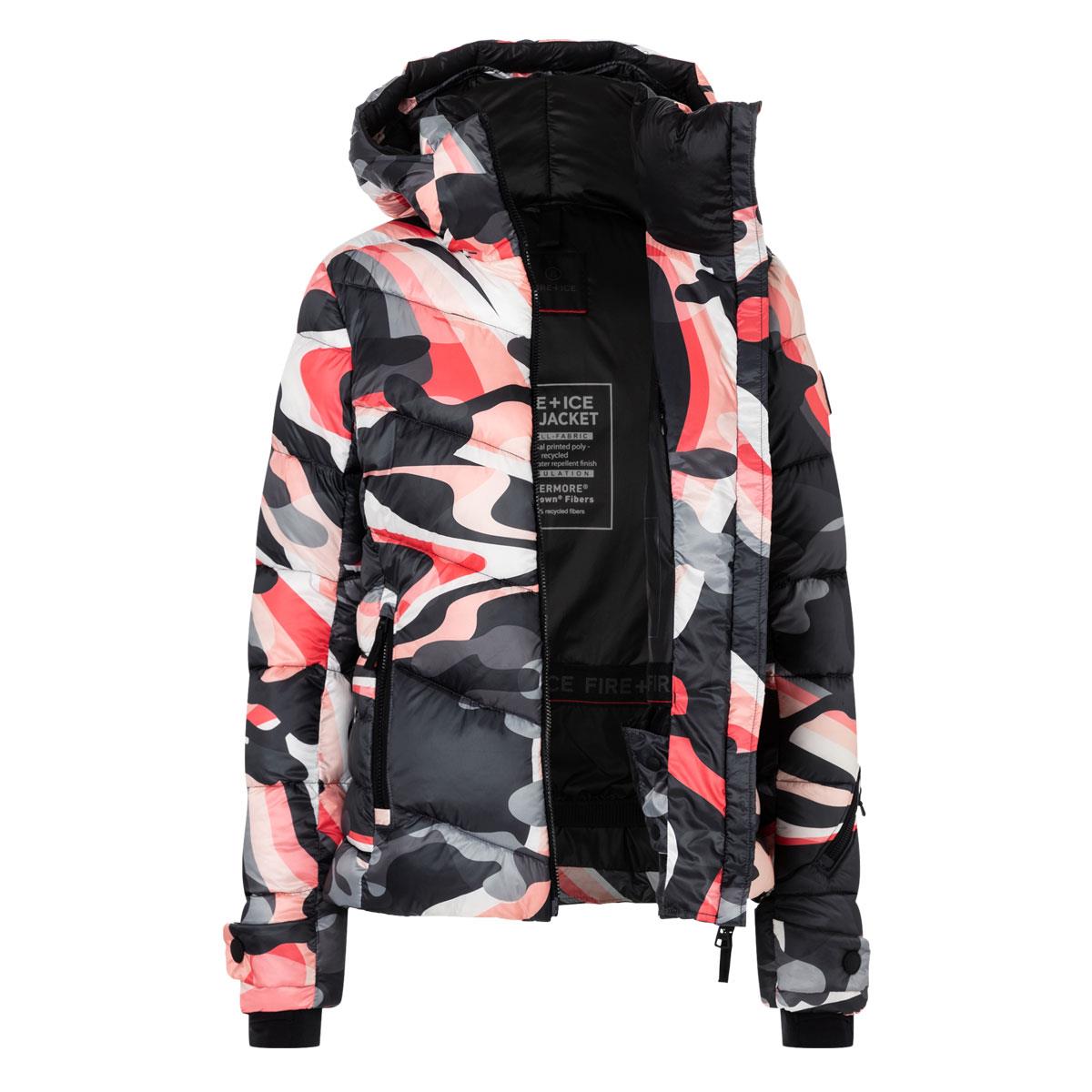 Camouflage-patterned jacket with a brand label on a white background