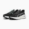 Black running shoes with white soles on a light gray background
