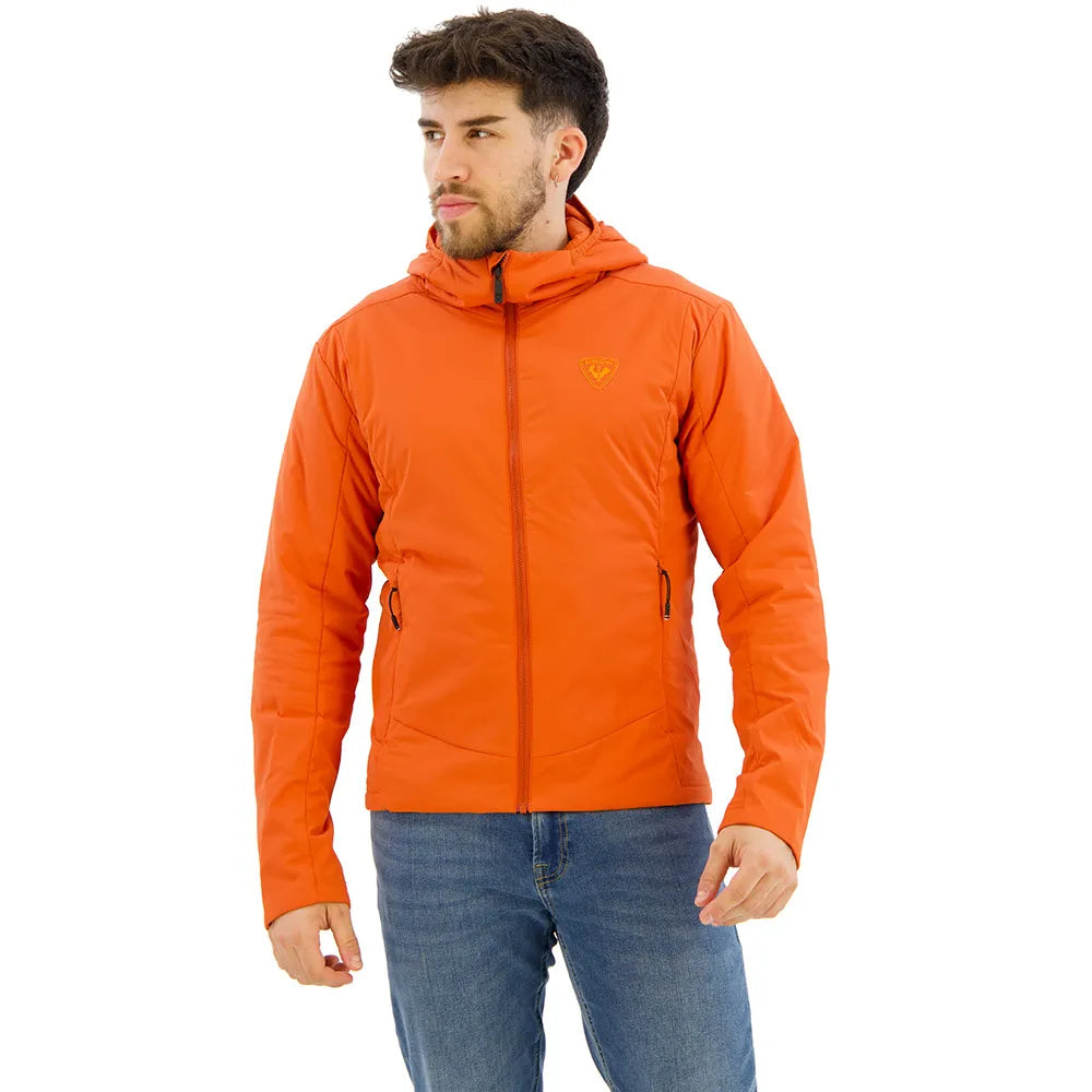 Man wearing an orange jacket with a hood on a white background