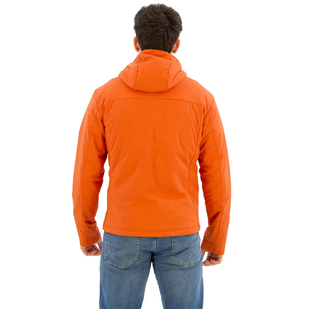 Person wearing an orange jacket on a white background