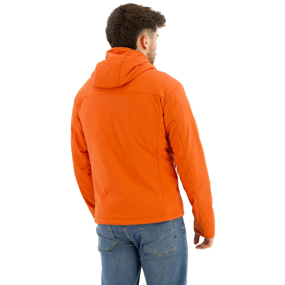 Person wearing an orange jacket on a white background