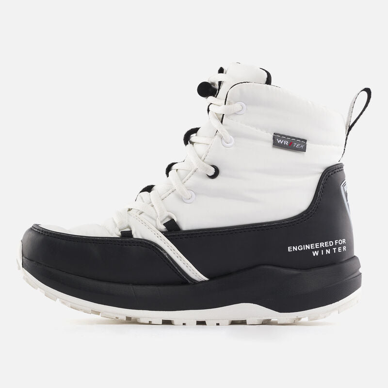White and black snow boot on a white background
