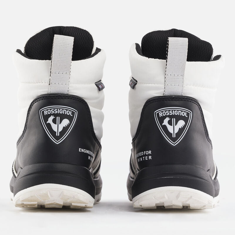 rear view of white and black boot, large rossignol logo on the heel