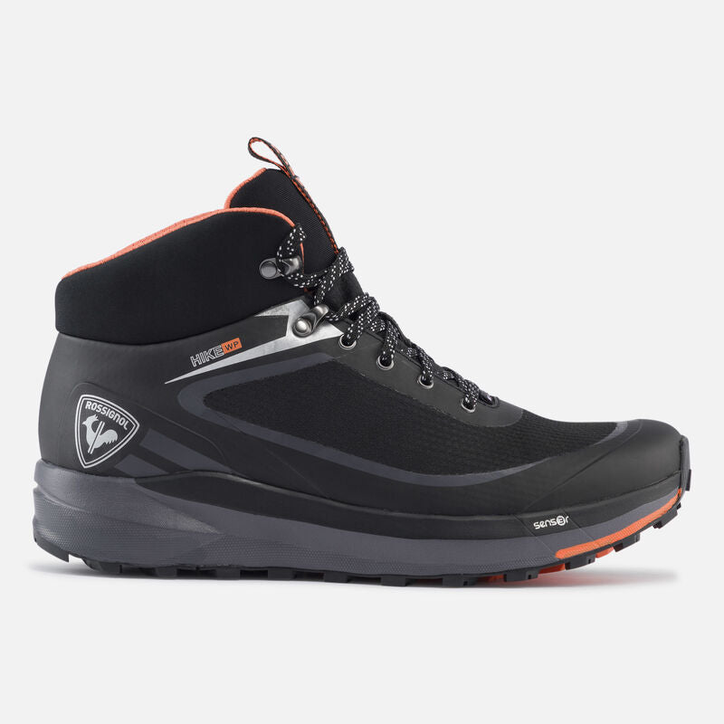 A pair of black Rossignol waterproof hiking boots for men with orange accents, featuring a high-cut design, lace-up closure, and a rugged outsole.