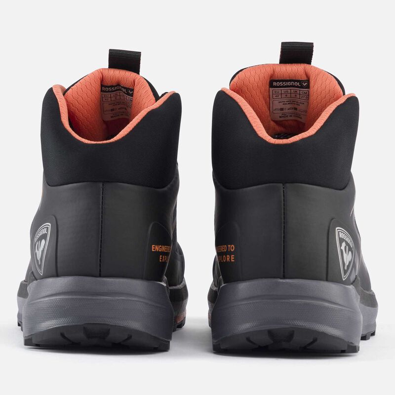 men's black boot rear view, showing  orange interior of boot