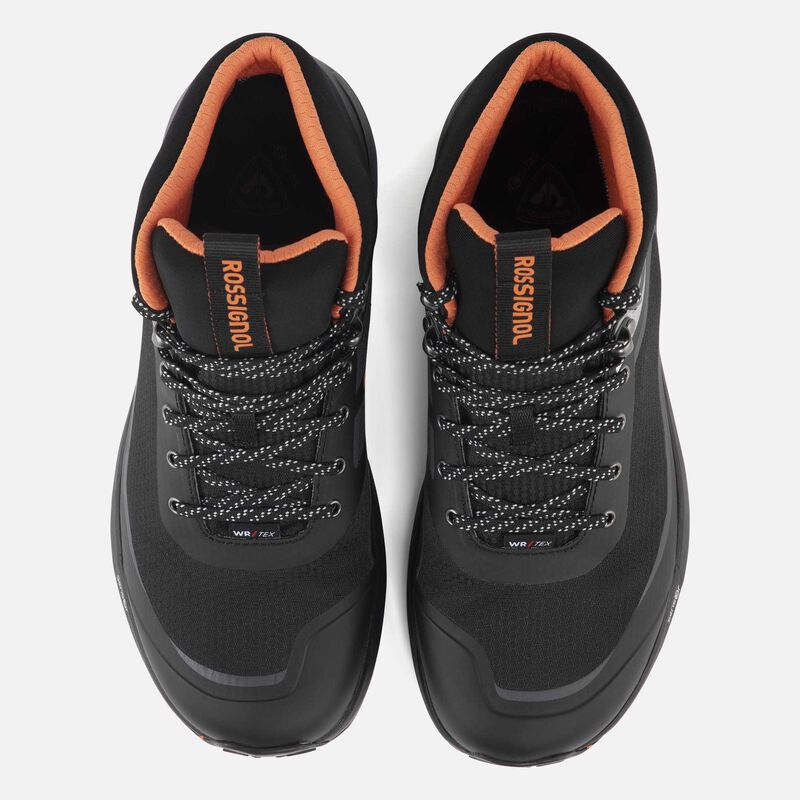 black waterproof boots, top down view of both boots with orange collar and orange "rossignol" text down the tongue