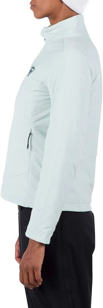 Light blue jacket worn by a person, side view