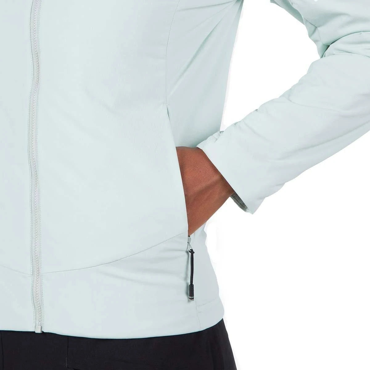 Light gray jacket with a zipper and a person wearing it on a white background
