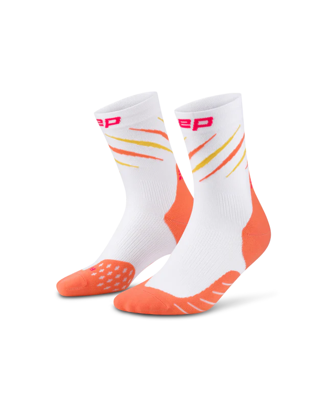 CEP Mid Cut Compression Socks. White/Coral.