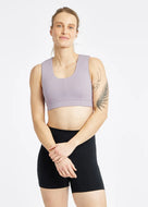 Women's Oiselle Flyout Bra in Dusty Lavender.