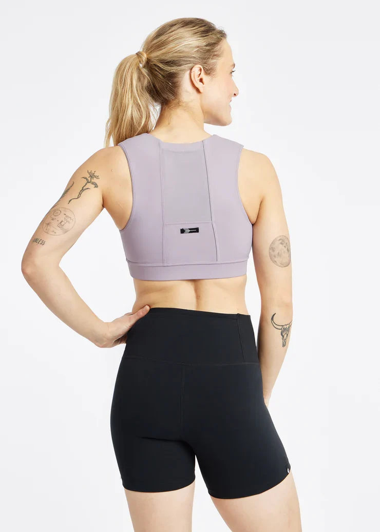 Women's Oiselle Flyout Bra in Dusty Lavender.