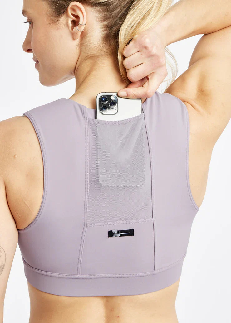 Women's Oiselle Flyout Bra in Dusty Lavender.